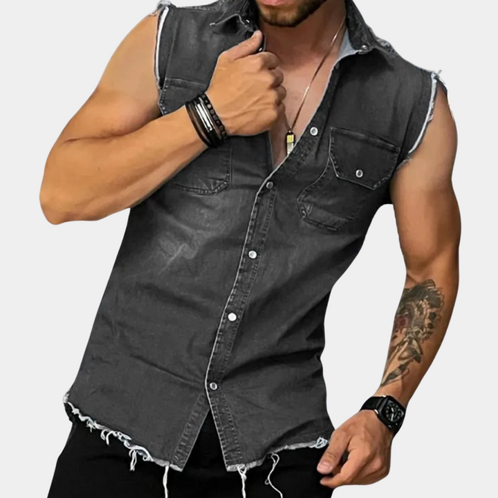 PAVELAS - Klassisches ärmelloses Denim-Hemd für Männer