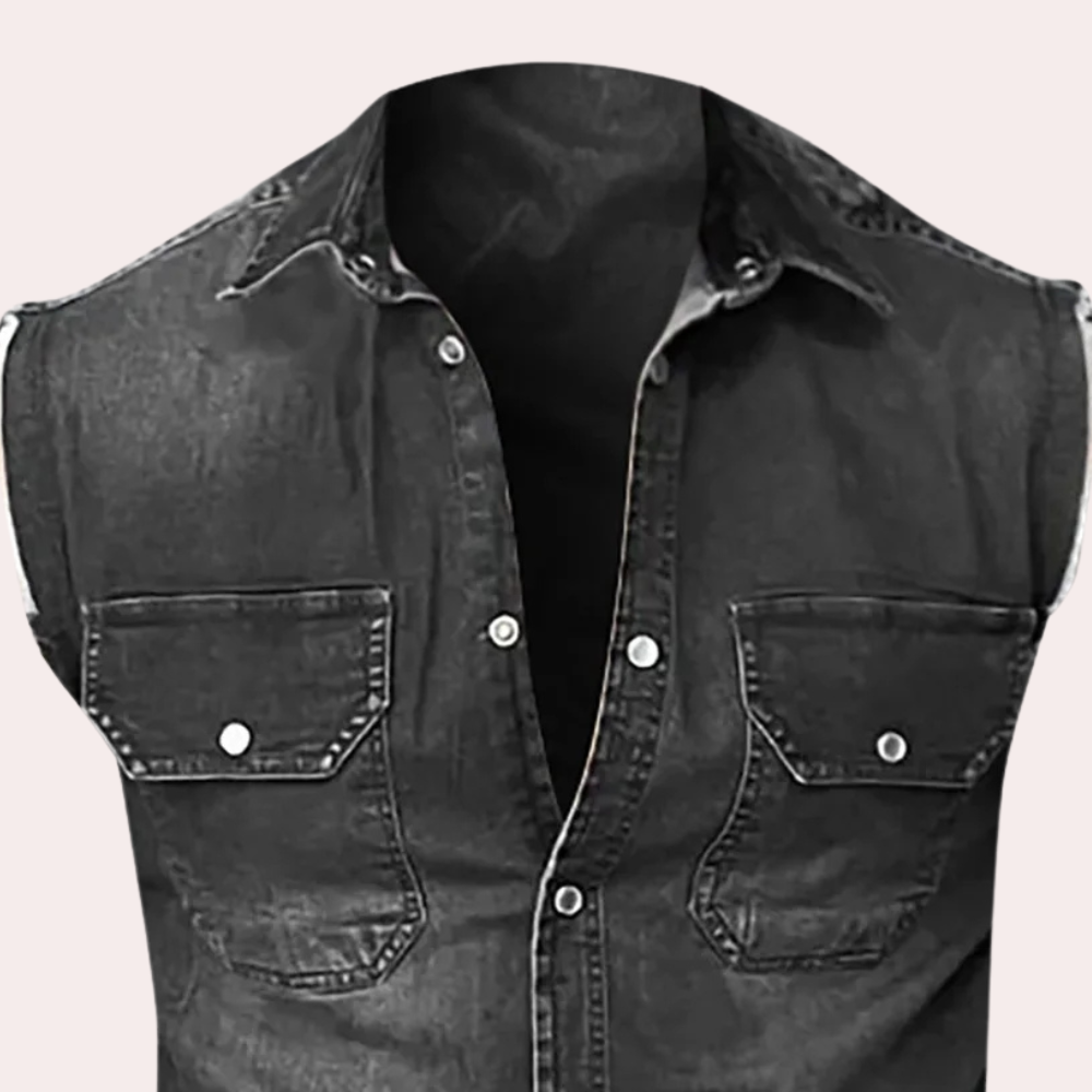 PAVELAS - Klassisches ärmelloses Denim-Hemd für Männer