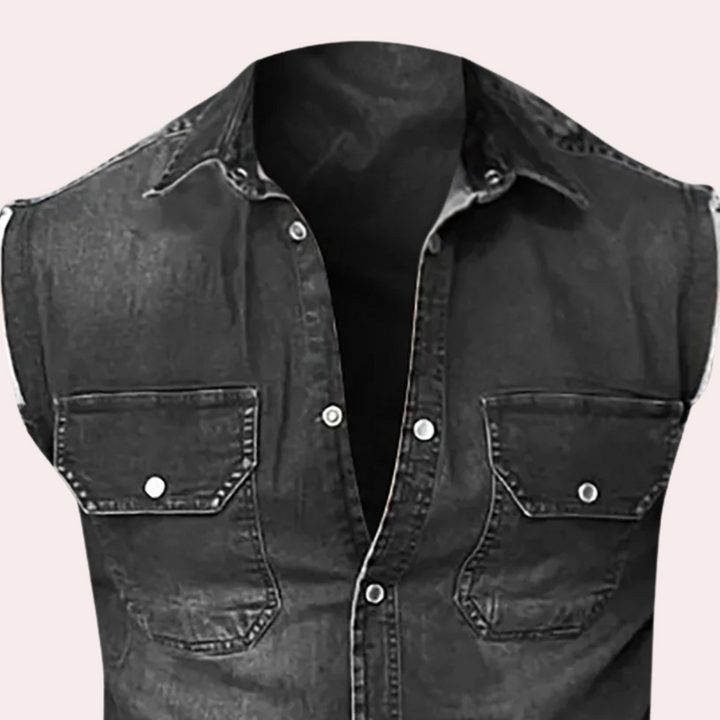 PAVELAS - Klassisches ärmelloses Denim-Hemd für Männer