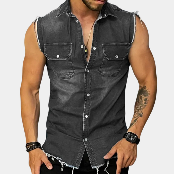 PAVELAS - Klassisches ärmelloses Denim-Hemd für Männer
