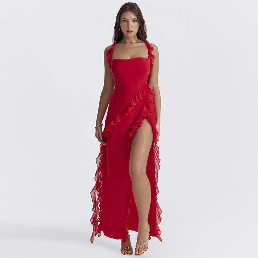 ROMINA - Gerafftes maxikleid mit schlitz